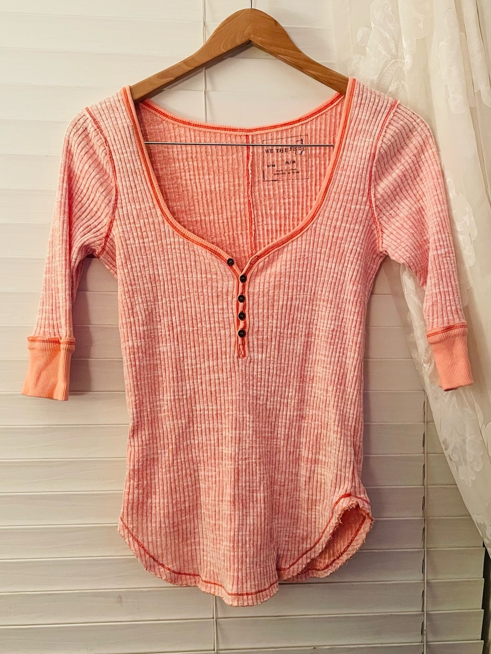 We The Free Coral-Pink Ribbed Henley Long Sleeve Top